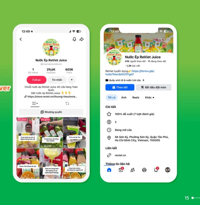 Kênh TikTok và Facebook ReViet Juice